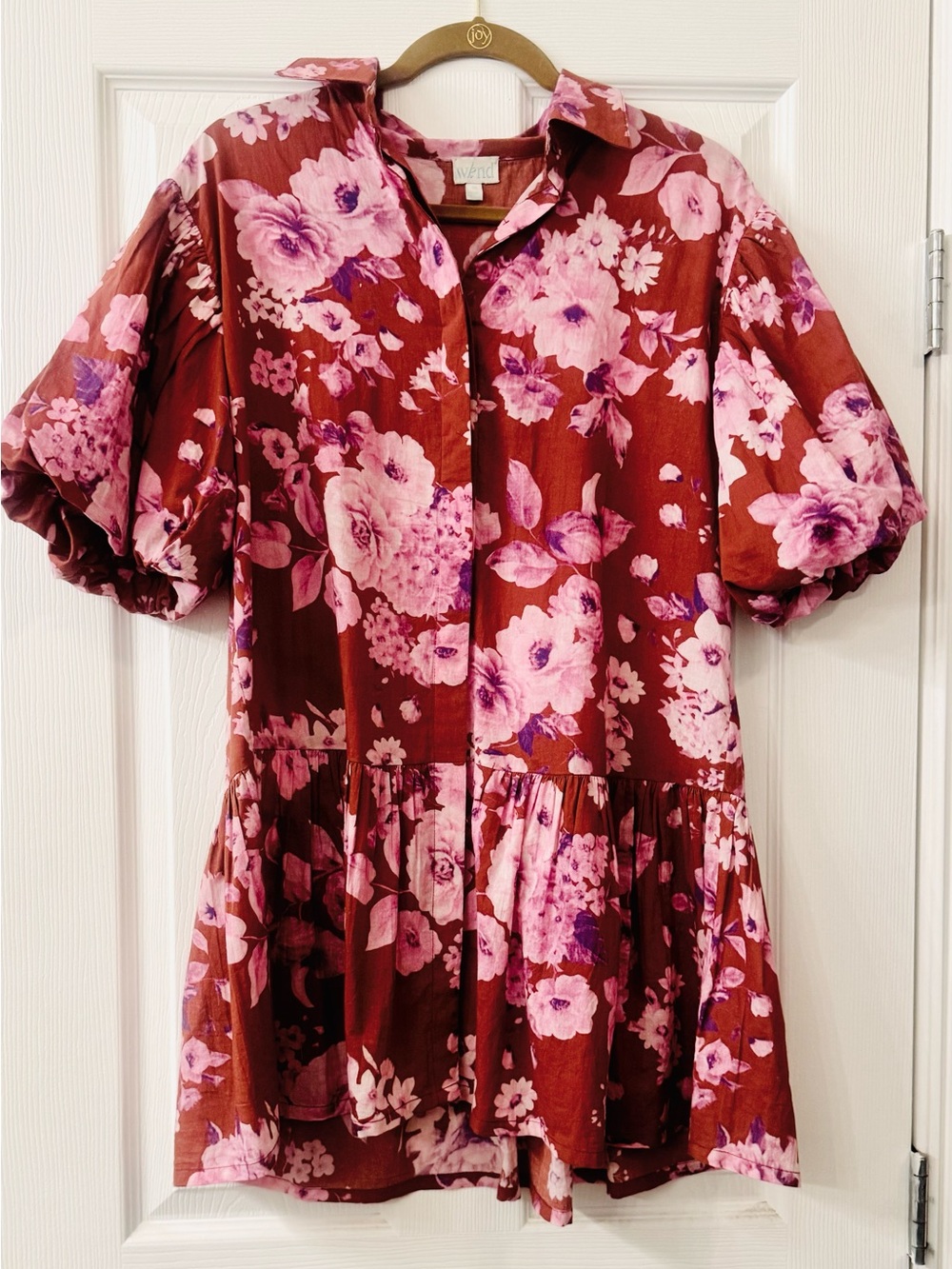WKND WYFR frock it  Floral Puff-Sleeve Button Front Tunic - Pink on Rust